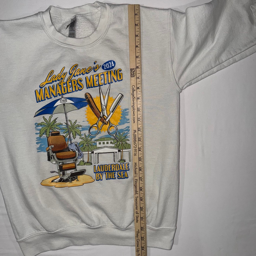 Lady Jane's Managers Meeting 2024 Graphic Sweatshirt Gildan White Lauderdale Sea - Picture 6 of 6